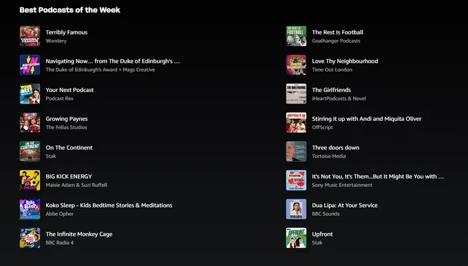 Best podcasts of the week list by Amazon Music UK.