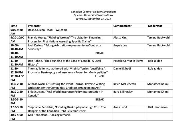 This is the schedule for the Canadian Commercial Law Symposium, which will occur on September 23, 2023. Speakers include: 920-10AM Frankie Young, “Righting Wrongs? The Litigation Financing Process for First Nations Asserting Specific Claims”; 10-1040AM Josh Karton, “Taking Arbitration-Agreements-as-Contracts Seriously”; 1110-1150 AM Dan Rohde, “The Founding of the Bank of Canada: A Legal History”; 1150-1230 PM Thomas Telfer (co-authored with Virginia Torrie), “Justifying A Provincial Bankruptcy and Insolvency Power for Municipalities"; 130-210PM Alfonso Nocilla, “Crossing the Event Horizon: Reverse Vesting Orders under the Companies' Creditors Arrangement Act”; 210-250 PM Erik Knutsen, “Real-World Insurance Policy Interpretation in Canada”; 310-350 PM Stephanie Ben-Ishai, “Avoiding Bankruptcy at a High Cost: The Dangers of the Canadian Debt Relief Industry”
