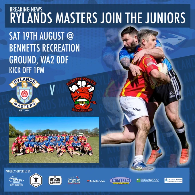 BREAKING NEWS RYLANDS MASTERS JOIN THE JUNIORS
SAT 19th AUGUST @ 
BENNETTS RECREATION 
GROUND, WA2 0DF
KICK OFF 1pm