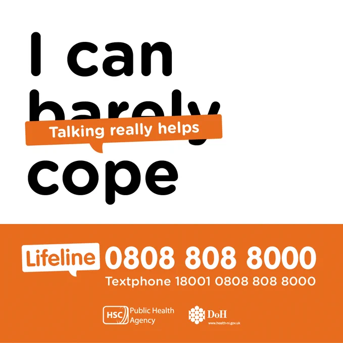 A graphic saying "I can barely cope" with a tagline also saying "Talking really helps".

A number is also provided for Lifeline's free counselling service of 0808 808 8000 and a textphone number of 18001 0808 808 8000.