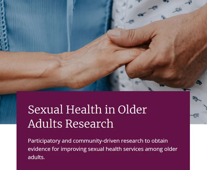 Close up of two people's hands clasped together with text reading "sexual health in older adults research: Participatory and community driven research to obtain evidence for improving sexual health services among older adults"