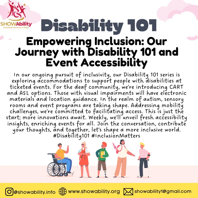 Disability 101

Empowering Inclusion: Our Journey with Disability 101 and Event Accessibility

In our ongoing pursuit of inclusivity, our Disability 101 series is exploring accommodations to support people with disabilities at ticketed events. For the deaf community, we're introducing CART and ASL options. Those with visual impairments will have electronic materials and location guidance. In the realm of autism, sensory rooms and event programs are taking shape. Addressing mobility challenges, we're committed to facilitating access. This is just the start; more innovations await. Weekly, we'll unveil fresh accessibility insights, enriching events for all. Join the conversation, contribute your thoughts, and together, let's shape a more inclusive world. #Disability101 #InclusionMatters