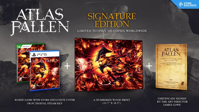 Visual of the Atlas Fallen Signature Edition with a physical copy of the game with a store-exclusive cover, a numbered wood print and a certificate signed by the art director James Lowe on it.