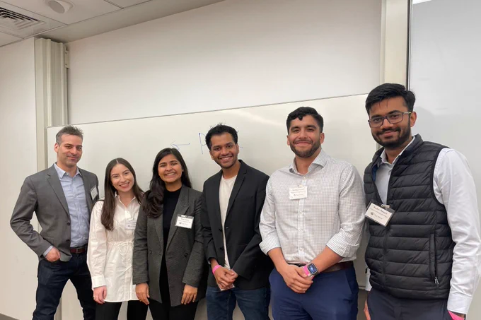 Professor Michael North (far left) served as a leadership coach to the Pink Team, comprised of MBA students (from left to right) Erica Kaplan, Neha Chopra, Jeevan Renjith, Nicholas Arroyo and Raghav Ramesh 