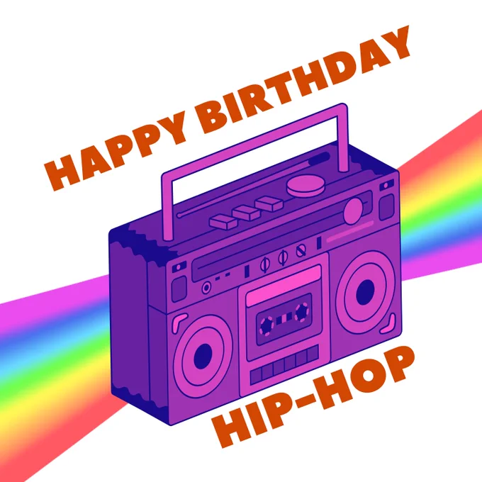 Image is of a purple boom box radio in front of a rainbow background with the text that says, "Happy Birthday Hip-Hop."