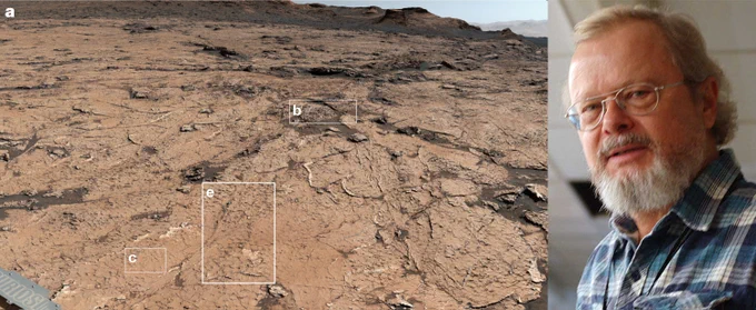 Left: Hexagonal patterns in mud cracks on Mars show the planet may have had cyclical moisture patters. Right: Juergen Schieber.