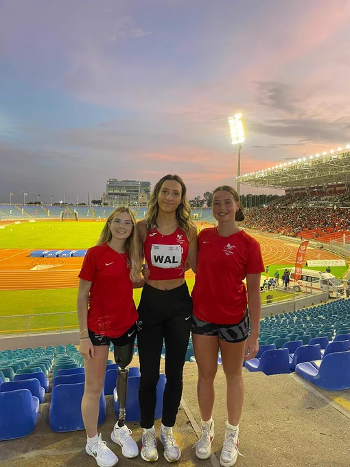 From left - Mia Lloyd, Jessica Lee and Storm Evans at Hasely Crawford Stadium, the venue for the track and field athletics.