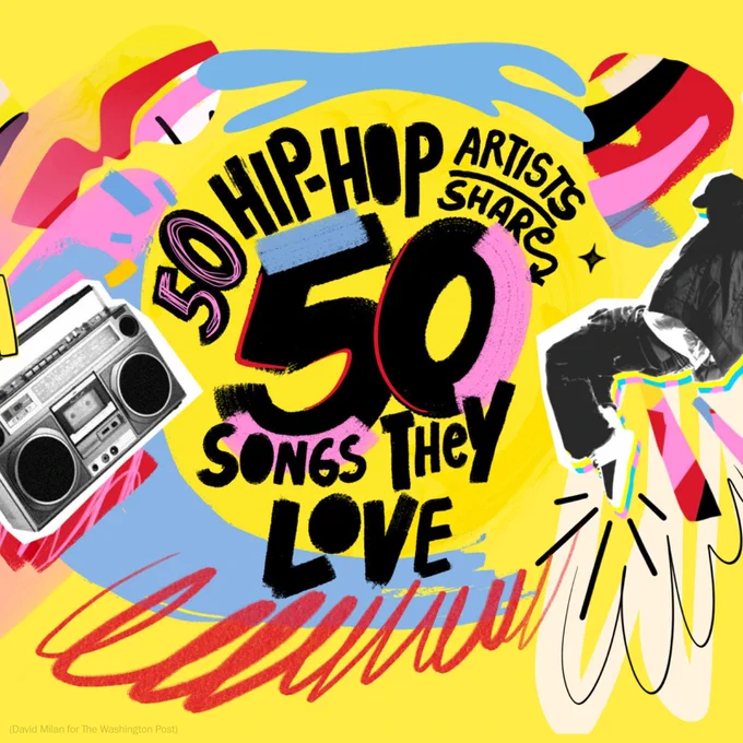 Colorful illustrations and photos of a man dancing, along with a boombox with black letters that read: 50 hip-hop artist share 50 songs they love. 