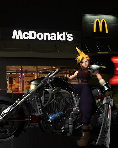 An image of Cloud, FFVII's iconic hero, on his motorbike. The image is taken from the OG game that was released in 1997. There is a McDonald's restaurant in the background.