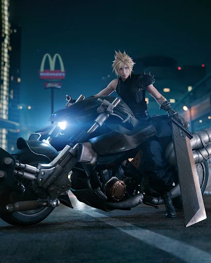 An image of Cloud, FFVII's iconic hero, on his motorbike. There is a McDonald's roadsign in the background.
