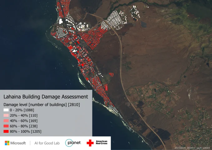 A satellite image of Lahaina showing structures damaged by the Maui fires.
