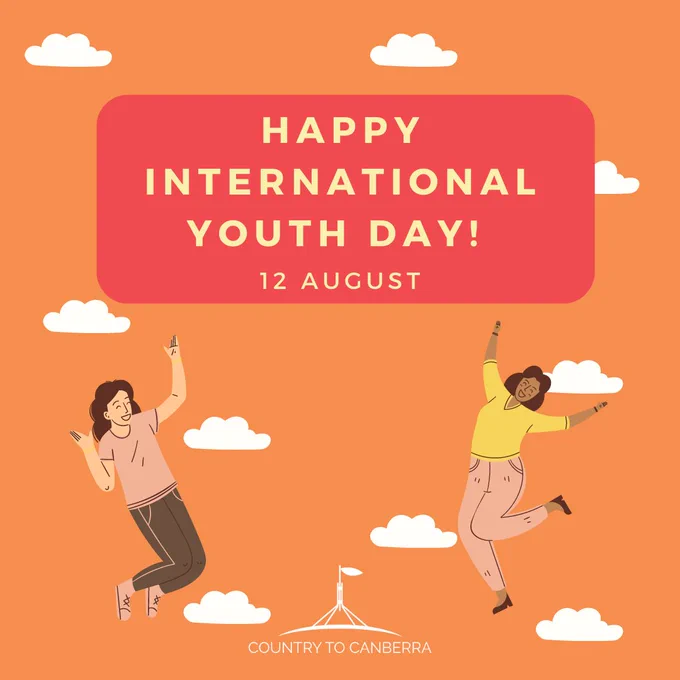A cartoon image with two young people jumping happily on an orange background with with clouds. The text behind reads 'Happy International Youth Day!'