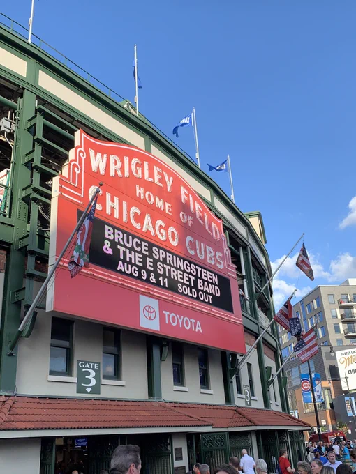 Wrigley Field marquee reads Bruce Springsteen & the E Street Band Aug 9 & 11 - Sold Out