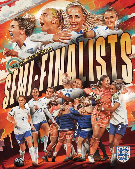 An illustration showing numerous Lionesses players celebrating, accompanied by the text:

WORLD CUP 2023
SEMI-FINALISTS
