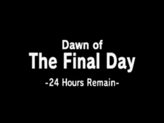 A title card from “The Legend of Zelda: Majora’s Mask” that reads, "Dawn of The Final Day. 24 Hours Remain."