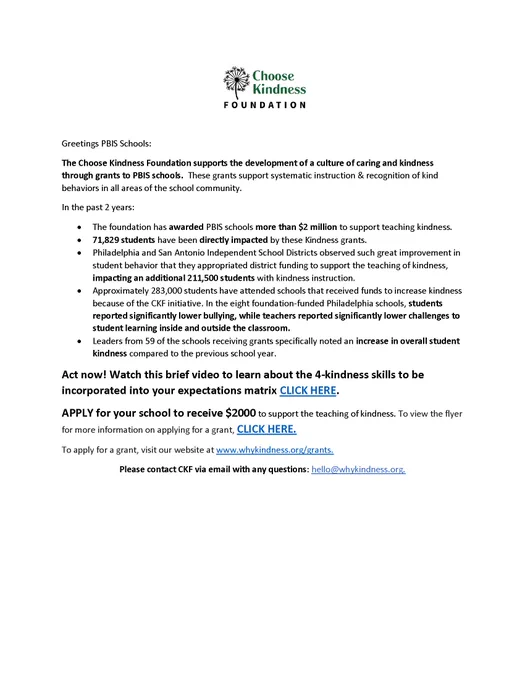 Flyer for Choose Kindness Foundation. $200 school grant opportunities https://www.whykindness.org/grants