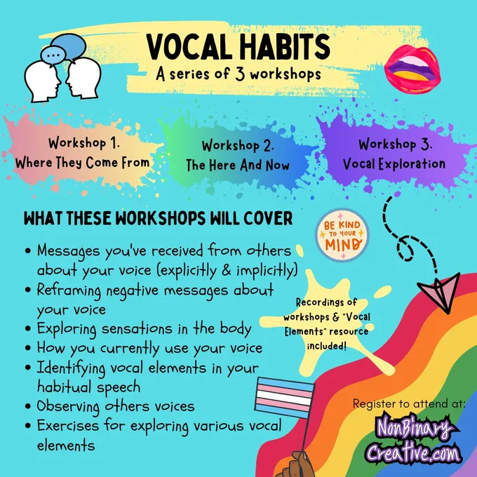 A colourful promo image for Vocal Habits Workshop: A 3 part series. Workshop 1: Where They Come From. Workshop 2: The Here and Now. Workshop 3: Vocal Exploration. 

What these workshops will cover:
Messages you've received from others about your voice (explicitly & implicitly). Reframing negative messages about your voice.
Exploring sensations in the body.
How you currently use your voice.
Identifying vocal elements in your habitual speech.
Observing other people's voices.
Exercises for exploring various vocal elements.

Recordings of workshops & "Vocal Elements" resource included!

There are illustrations of: the trans flag, people talking, a mouth, a flying paper plane & a sticker that says be kind to your mind. 