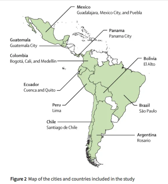 Map of cities and countries included in the study.