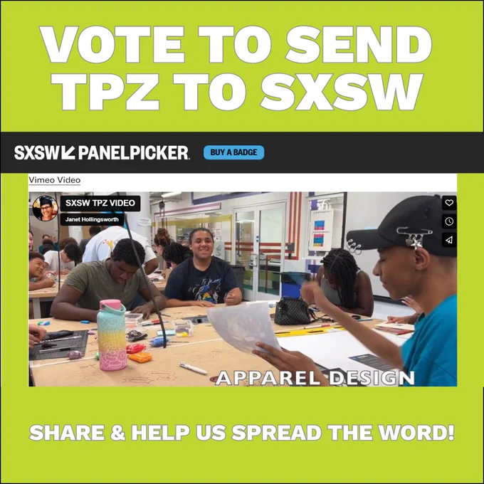 Hello TPZ Friends & Followers! Please consider voting for our TPZ SXSW presentation! Anyone can login to vote, so spread the word! (presentations are selected by majority vote) Create Now: Bridging the gap to creative fields. TPZ and industry partners joined forces to expose underrepresented students to creative industries through immersive programming. Our collaborations in 2023 have reached 90  high school students from across Boston with research-informed outcomes showing how two-week-intensive, hands-on programming sparks student passions and opens pathways to creative careers and future pathways. Vote today so that TPZ can share insights into the process, lessons learned, and playbook for how to develop strategic industry-edu partnerships and create a thriving community! Vote here: https://panelpicker.sxsw.com/vote/136290

