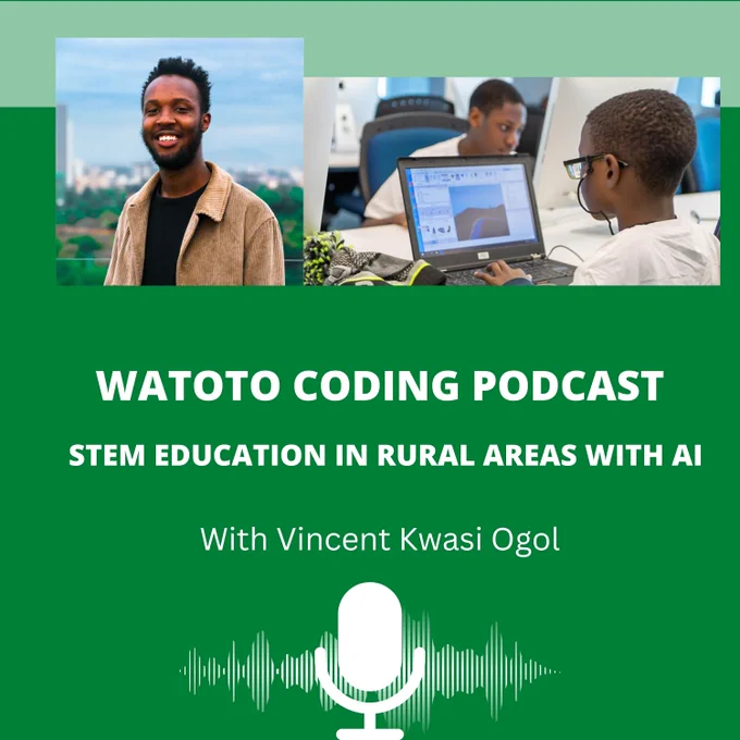 podcast episode cover with vincent picture and kids learning how to code