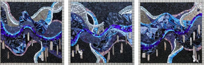 Mosaic triptych, Made with Mexican smalti, shell, petrified wood, blue mirror, silver mirror, stained glass, azul gold smalti, sodalite, and ceramic tile on wood.