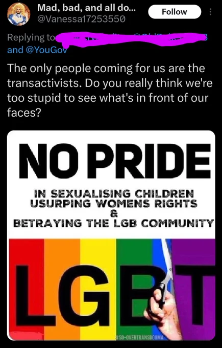 @Vanessa17233550 tweet
The only people coming for us are the transactivists. Do you really think we're too stupid to see what's in front of our faces?

[Image] Text on Image: No Pride in sexualizing children, usurping women's rights and betraying the LGB community.
Image: LGBT letters on the Pride flag with a pair of scissors cutting away the purple stripe with the T on it.