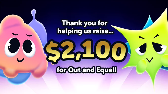 Graphic that reads, "Thank you for helping us raise... $2,100 for Out and Equal!" with the mascots Bouba and Kiki on each side.