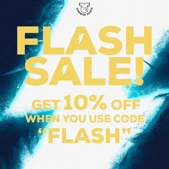 Blue lightning with yellow text reading - 'FLASH SALE! Get 10% off when you use code "FLASH"'