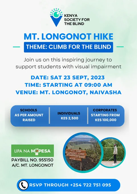 🏔️ Embark on a Journey for a Cause! Join us in the Mt. Longonot Hike to Support Students with Visual Impairment! 🌟
Hey there, adventure seekers and kind-hearted souls! 🌍 Are you ready to make a difference while conquering new heights? We're thrilled to invite you to our Mt. Longonot Hike fundraiser, where every step you take will shine a light on the dreams of students with visual impairment. 🚶‍♀️🚶‍♂️
📅 Date: September 23, 2023
⏰ Time: 9:00AM
📍 Location: Mt. Longonot, Kenya

About the Cause:
Imagine facing the challenges of education without the gift of sight. Many talented students with visual impairment are determined to achieve their dreams, but lack the necessary resources.
By participating in our hike, you'll be contributing directly to providing them with educational tools, accessibility, and opportunities they rightfully deserve.
#HikeForVision #ClimbForChange #MtLongonotFundraiser #EmpowerWithEducation