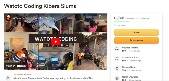 The screenshot shows the fundraiser online done by Makena for watoto coding