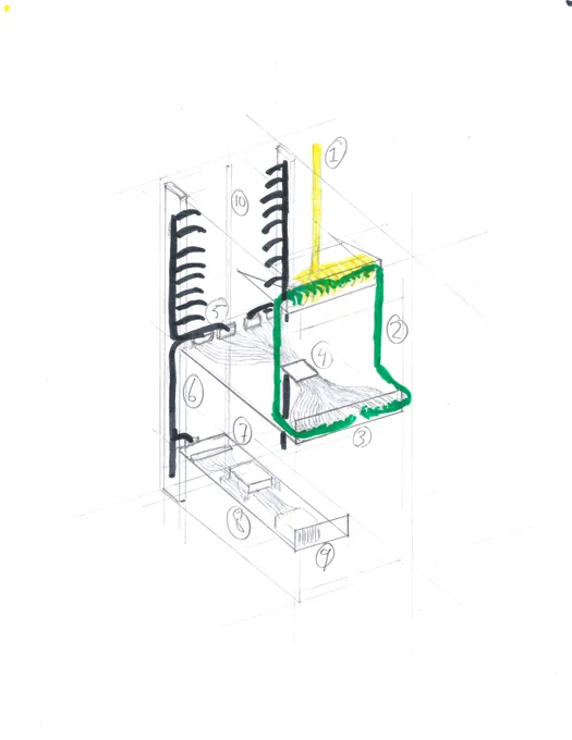 Isometric concept drawing of a rack scale computer, showing a compute server, a networking switch, backplane and uplink cabling.