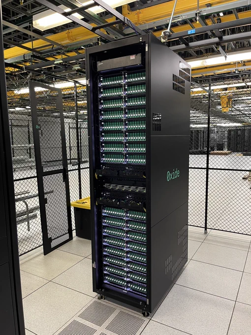 An Oxide Model 0 rack scale computer placed in a cage in a public data center.