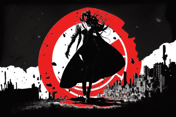 Black and white comic style female hero character in front of a red Sitecore logo.
