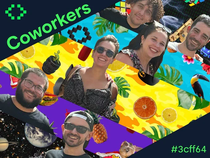 Imagen del equipo. Fondos de patrones random (piñas, perros, naranjas, limones, plantas, cubos de rubik…) en diagonal, y aparecen Ronny, Isma, Núria, Clau, Rafa y Javi. Texto "Coworkers" y "#3cff64" en ese mismo color hexadecimal 