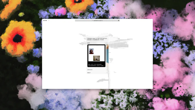 Opening Hours Studio website, flower background and showing a design project.