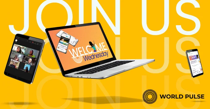 Yellow background with mockups of tablet, laptop and phone hovering in middle of graphic. White text overlay saying, "JOIN US" Black World Pulse logo in bottom right corner.