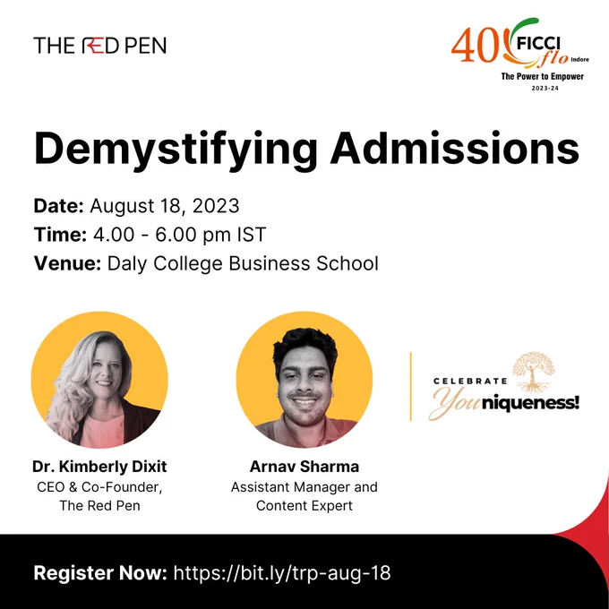 Demystifying undergraduate college admissions and How to get into an Ivy League

It gives me immense pleasure to announce that along with Flo members , this session would be open for the FLOites children from *8th -12 th standard . *

❇️Help families gain insider tips on how to stand out in the highly selective college admissions process for Harvard, Yale , UC Berkeley, Northwestern or any reputed university across the globe.
✅You will discover how starting early with college admissions can give your child the edge required by the worlds most selective universities

Date : 18th Aug Friday
Time: 4-6 PM
Venue: Daly College Business School

With Best Regards
Mamta Bakliwal
Chairperson and Team
FICCI FLO Indore
2023-24