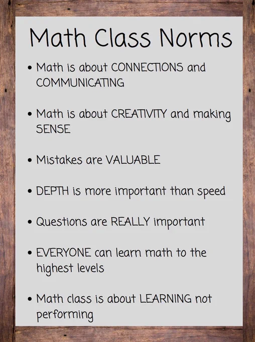 Image titled "Math Class norms." The norms listed include: "Math is about CONNECTIONS and COMMUNICATING; Math is about CREATIVITY and making SENSE; Mistakes are VALUABLE; DEPTH is more important than speed; Questions are REALLY important; EVERYONE can learn math to the highest levels; Math class is about LEARNING not performing"