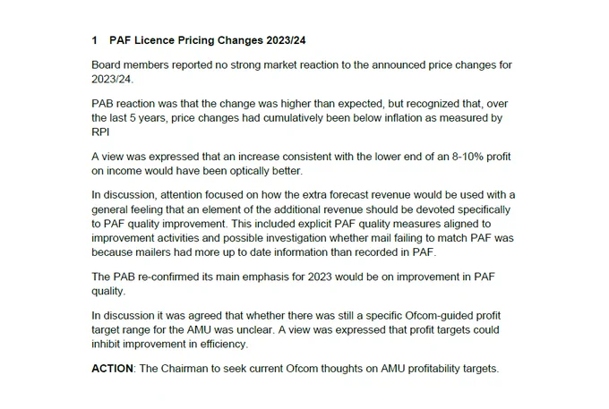 PAF Licence Pricing Changes 2023/24
…
A view was expressed that an increase consistent with the lower end of an 8-10% profit on income would have been optically better.
…