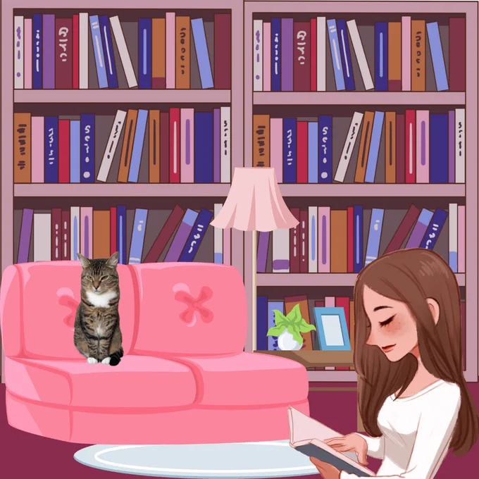 Photoshopped cat sitting on a cartoon couch in front of a bookshelf. A cartoon girl reading a book in the foreground.