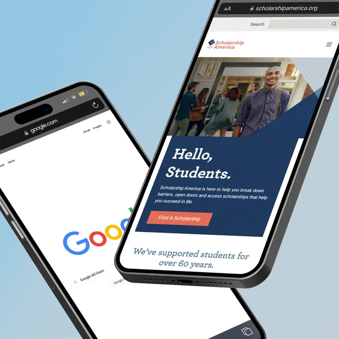 Scholarship America mobile site mockup along side Google search mobile mockup
