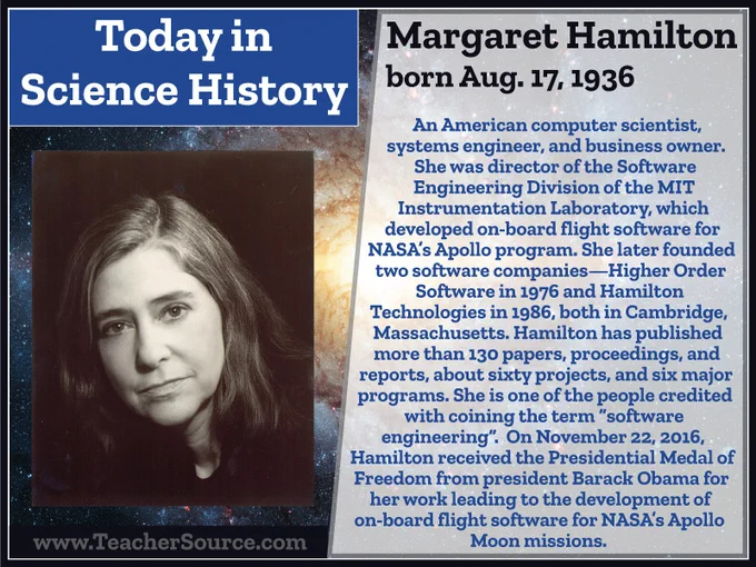Margaret Hamilton was born on August 17, 1936. An American computer scientist, systems engineer, and business owner. She was director of the Software Engineering Division of the MIT Instrumentation Laboratory, which developed on-board flight software for NASA's Apollo program. She later founded two software companies—Higher Order Software in 1976 and Hamilton Technologies in 1986, both in Cambridge, Massachusetts. Hamilton has published more than 130 papers, proceedings, and reports, about sixty projects, and six major programs.  She is one of the people credited with coining the term "software engineering". On November 22, 2016, Hamilton received the Presidential Medal of Freedom from president Barack Obama for her work leading to the development of on-board flight software for NASA's Apollo Moon missions.