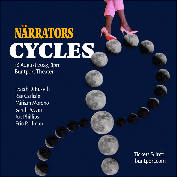 Poster for The Narrators storytelling show. Surreal collage of a person's legs, wearing pink pants and pink heels, walking on a infinite staircase of moon phases