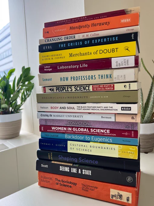 A book stack of books from Robert Merton, James C Scott, Janet Vertesi, Thomas Gieryn, Troy Duster, amongst others writing about science technology and society.