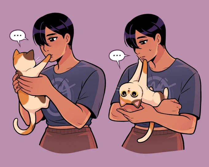portrait of pg, a tall girl with tan skin and short black hair that falls over one eye. she holds the cat up by its armpits, stopped short by the single paw it places on her mouth as if to say "no." they both share a speech bubble that contains an ellipsis. in the second image, pg tries supporting it in her arms, similar to momo earlier, but the cat puts both paws on her chin and cranes its head as far away as possible until it's upside-down. their second speech bubble has an ellipsis as well.