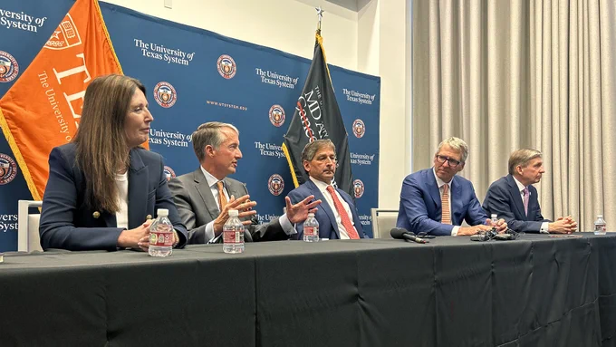UT System, UT Austin, Dell Med and MD Anderson leaders at a press conference.
