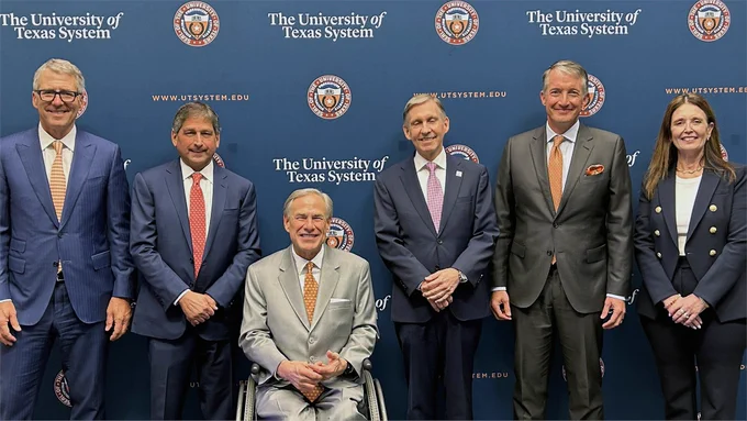 UT System, UT Austin, Dell Med and MD Anderson leaders at a press conference.