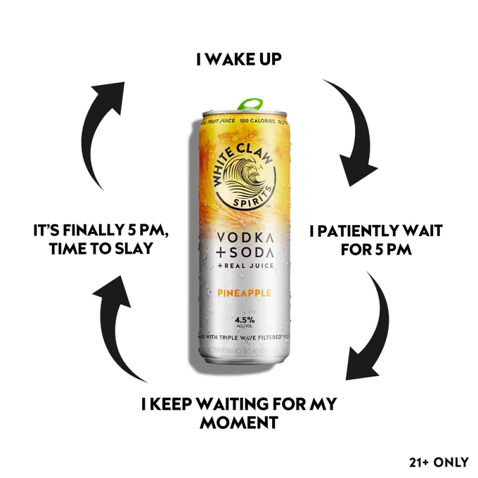 Lifecycle image with a White Claw Pineapple Vodka   Soda: I wake up > I patiently wait for 5pm > I keep waiting for my moment > It’s finally 5pm, time to slay
