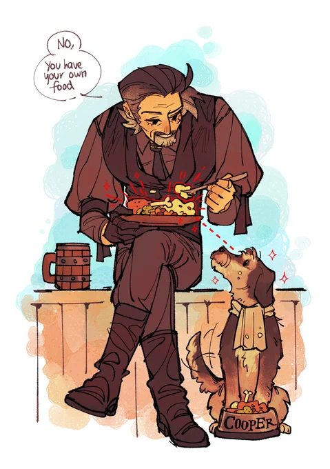 a sketchy, watercolor-esque illustration featuring izzy and a dog named cooper (con's dog irl)

They're both sitting together somewhere by the deck. Cooper has a bib (that looks strikingly similar to Stede's cravat) and a metal bowl with his name on it. He's got various foods that's similar to what the crew is eating. He's wagging his tail, large eyes staring at the food on Izzy's plate.

Izzy, for his part, is slightly bent down to eat his food, plate carefully balanced on his crossed legs. He's eating roasted chicken, with broccoli, carrots, tomatoes, and fancy mashed potatoes with a glass of nice cold rum beside him. He's looking down at Cooper with amusement, one eyebrow raised. 

"No, you have your own food." He says, grinning. 

Around him on the deck, people are celebrating his birthday and having a grand old time. There are two rings on his necktie. Later, everyone will sing him a happy birthday, have cake, and give him many gifts. It's a wonderful day.