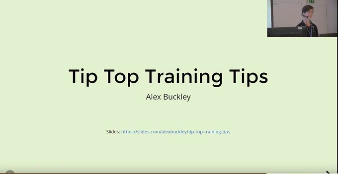 Title slide for presentation at KohaCon23 by Alex Buckley - Tip Top Training Tips.